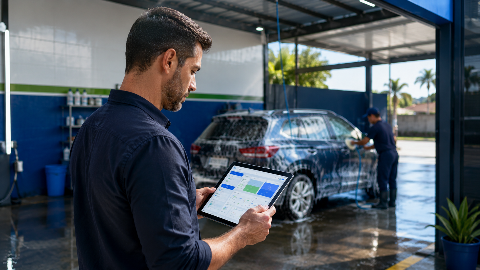 Dono acompanhando o painel do AutoFlow ABS enquanto um veículo é lavado