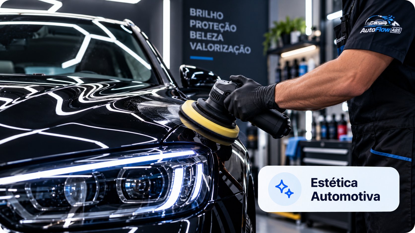Profissional fazendo polimento da pintura de um automóvel